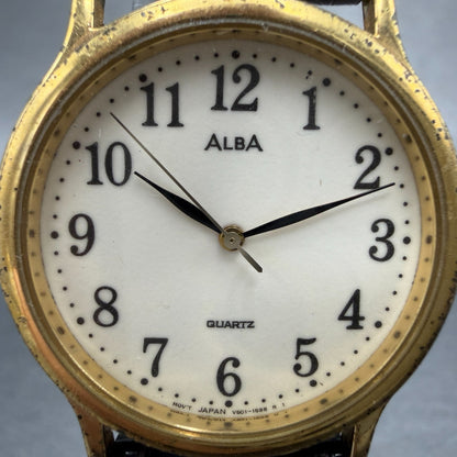 Seiko Alba Watch Men 33mm White Dial Gold Tone Round V501-6K80 New Battery 601