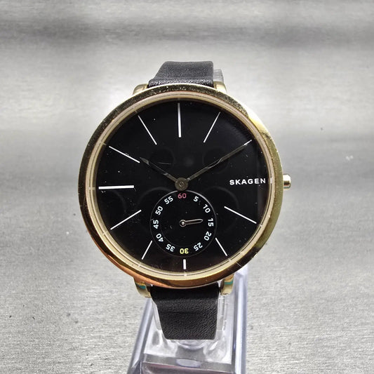 Skagen Hagen Watch Women 34mm Black Dial Gold Tone Round SKW2354 New Battery G0