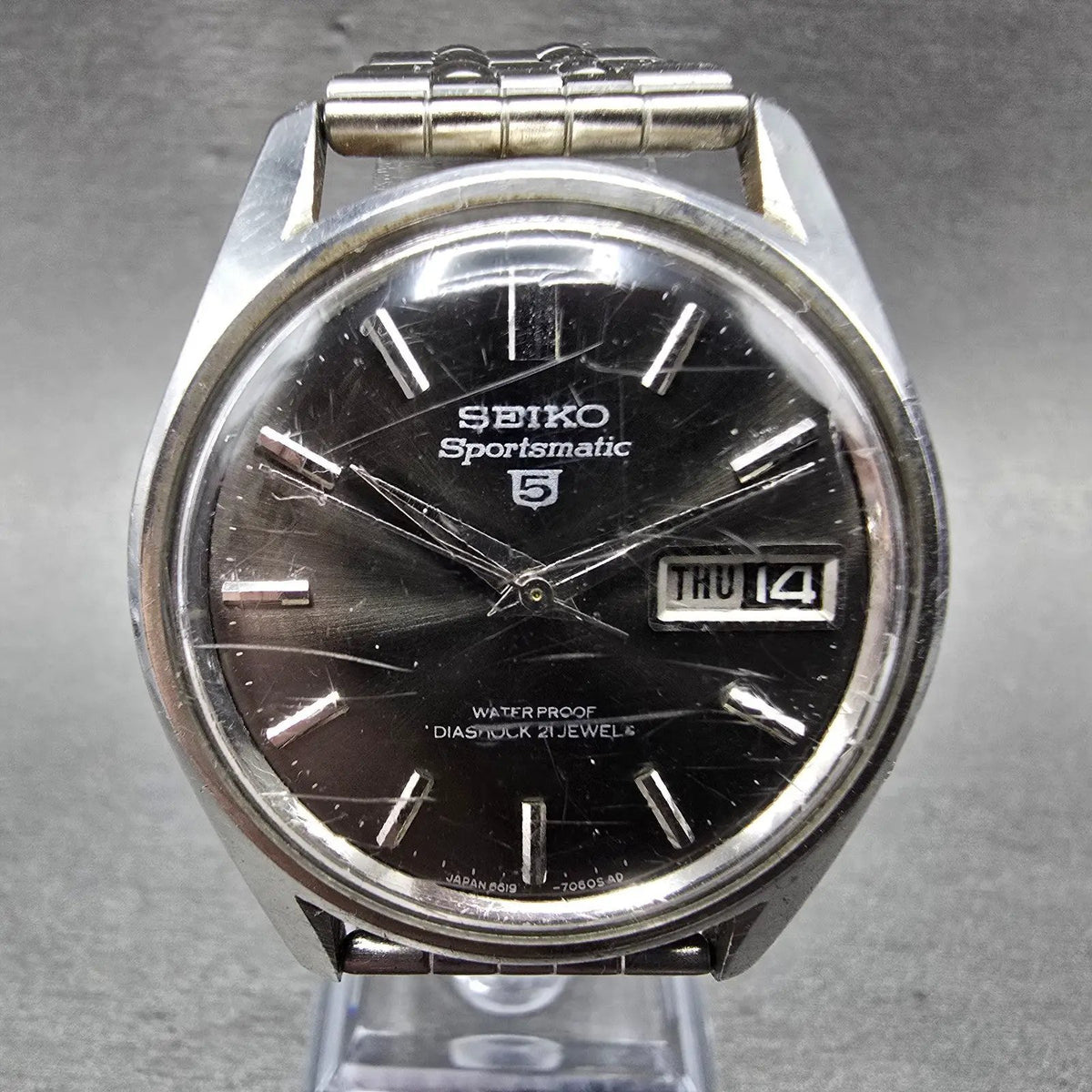 Seiko 5 Sportsmatic Watch Men 36mm Black Dial Silver Tone Daydate 6619-7070 Runs0