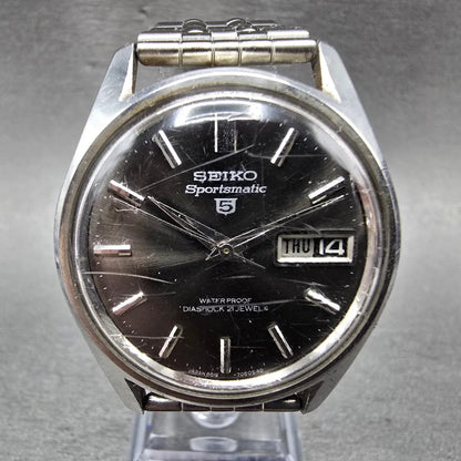 Seiko 5 Sportsmatic Watch Men 36mm Black Dial Silver Tone Daydate 6619-7070 Runs0