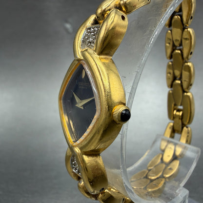 Seiko Watch Women 18mm Black Dial Gold Tone Diamond 4N00-6501 New Battery2
