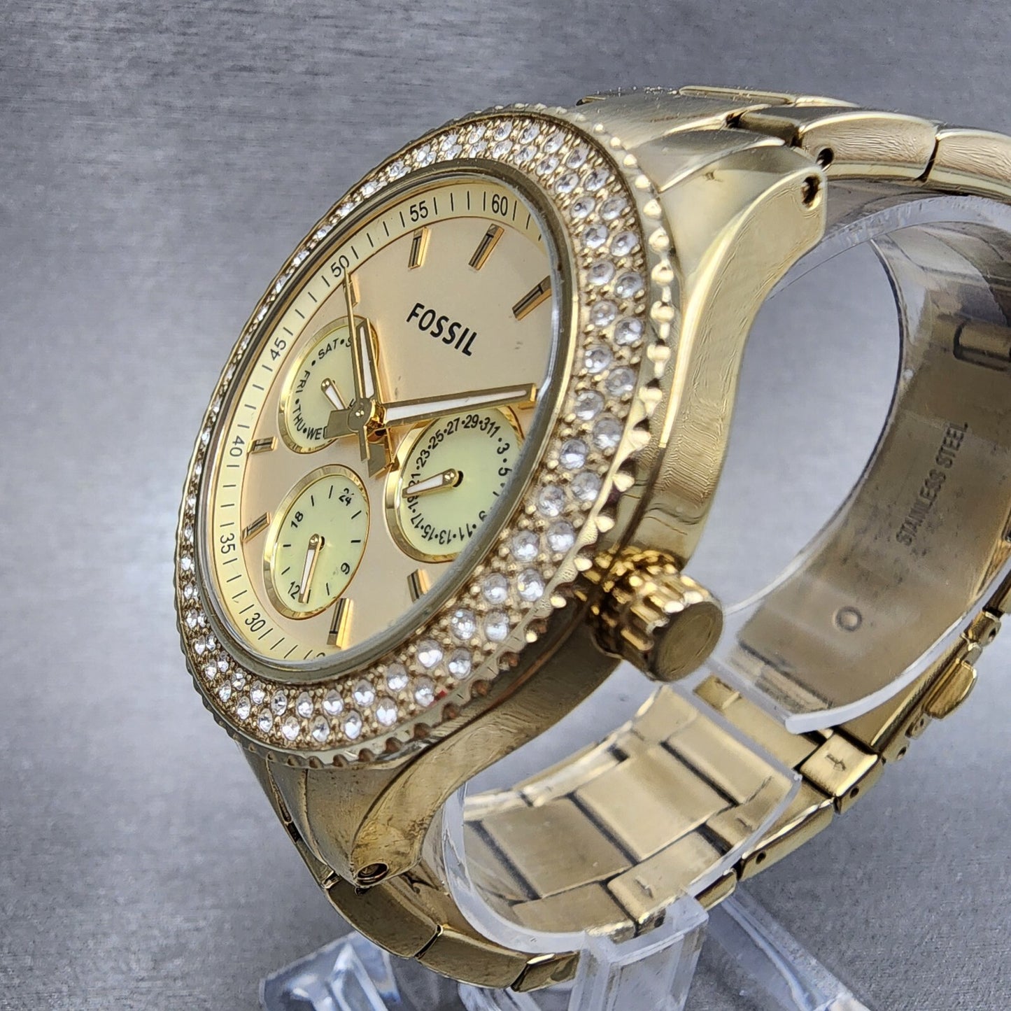 Fossil Stella Glitz Watch Women 37mm Champagne Dial Gold Tone Daydate New Batt2