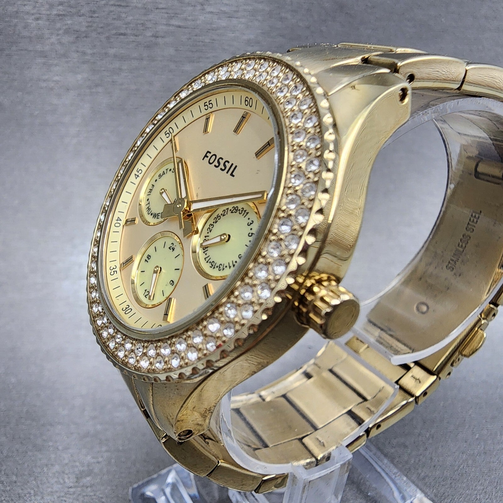 Fossil Stella Glitz Watch Women 37mm Champagne Dial Gold Tone Daydate New Batt2