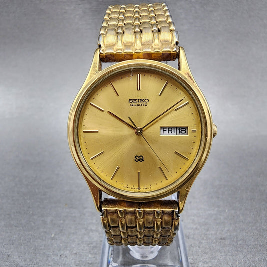 Seiko SQ Watch Men 33mm Champagne Dial Gold Tone Daydate 5h237b09 New Battery0