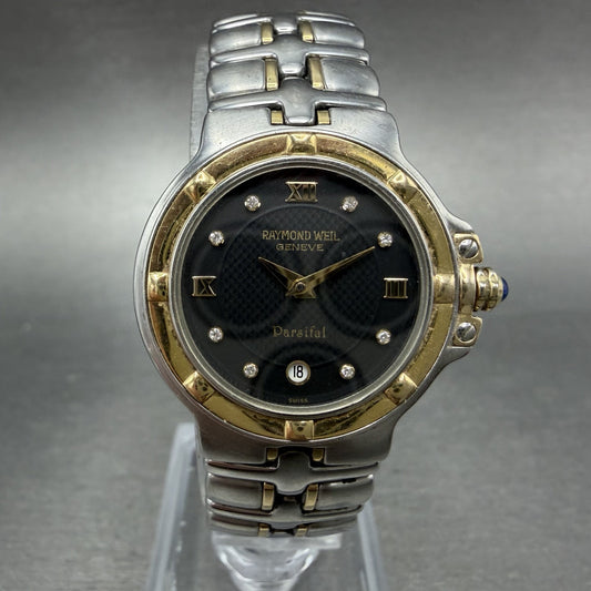 Raymond Weil Parsifal Watch Women 27mm Black Dial Two Tone Date 9990 New battery0
