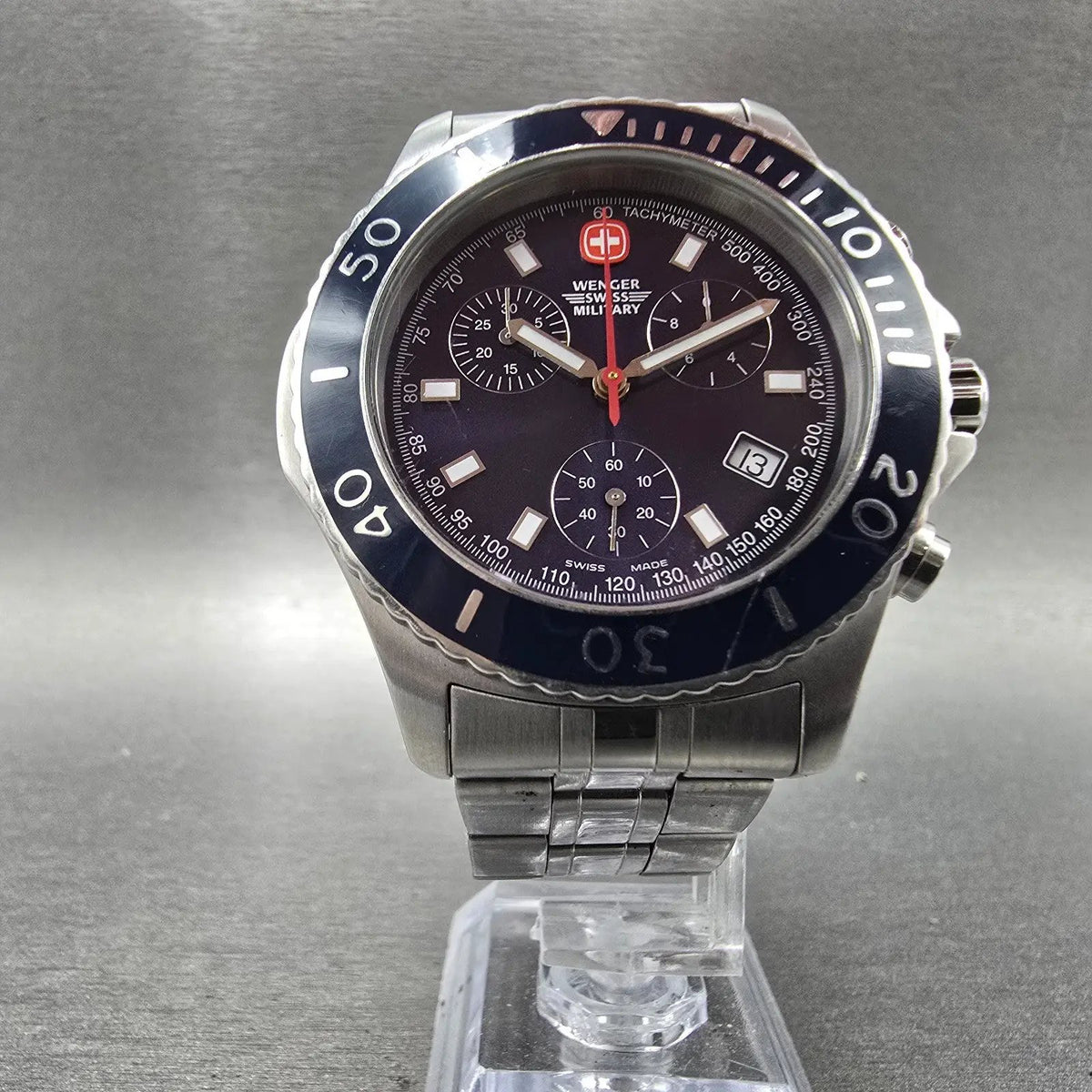 Wenger Swiss Military Chronograph Watch Men 42mm Blue Dial Steel Diver 791005