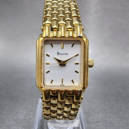 Bulova Tank Watch Women 17mm White Dial Gold Tone Rectangle 97L81 New Battery0