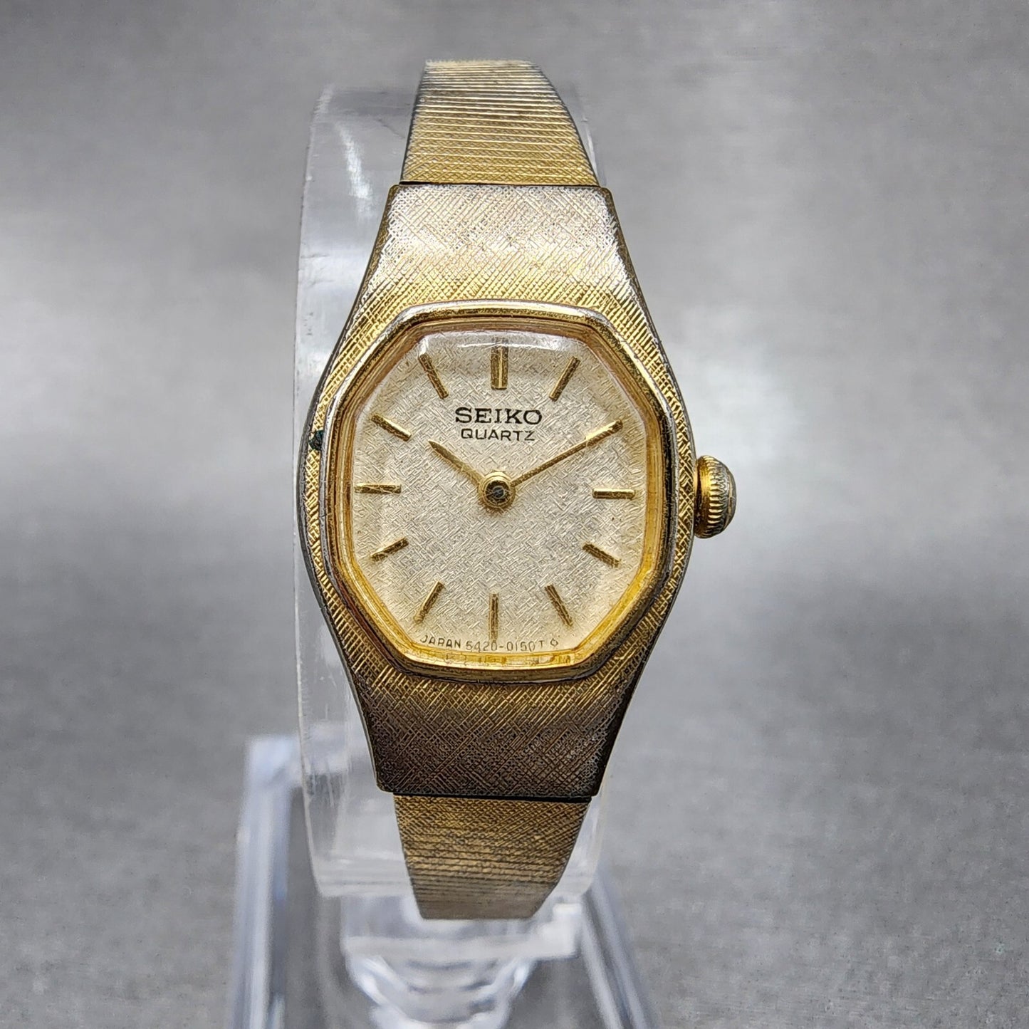 VTG Seiko Watch Women 16mm Champagne Dial Gold Tone Octagon 54205059 New Batt0