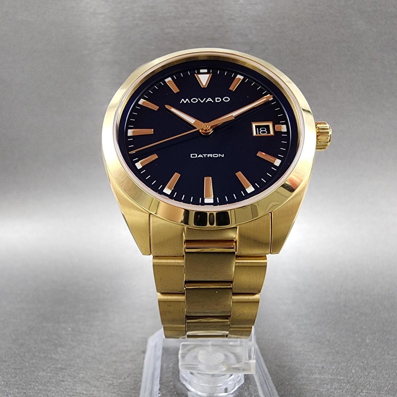 Movado Heritage Datron Watch Men 39mm Blue Dial Gold Tone Date Round 36501435