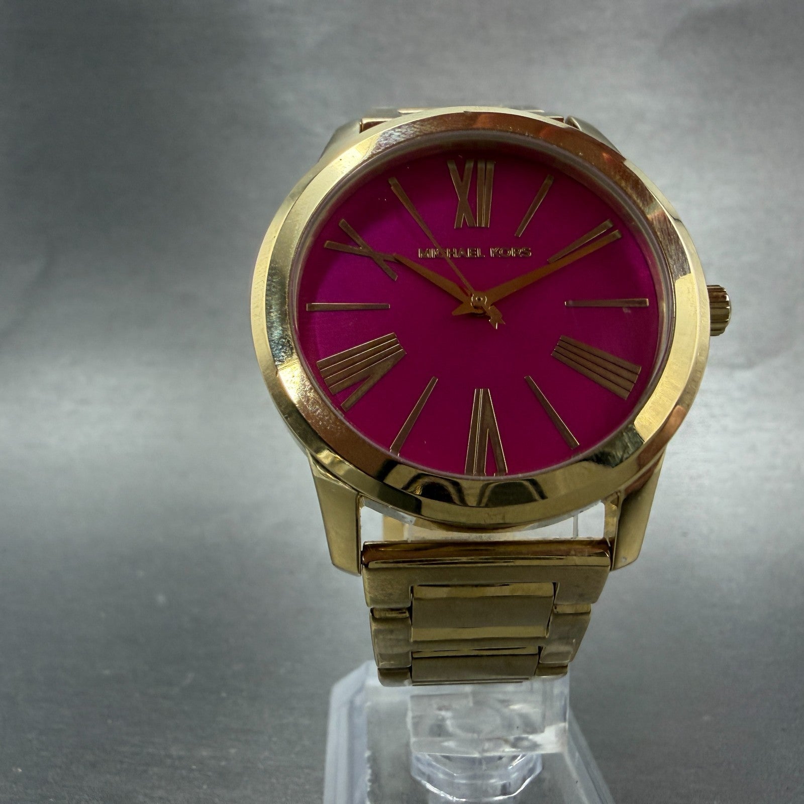 Michael Kors Hartman Watch Women 38mm Pink Dial Gold Tone Round MK-3520 New Batt5