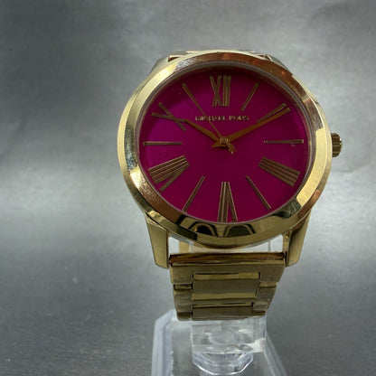 Michael Kors Hartman Watch Women 38mm Pink Dial Gold Tone Round MK-3520 New Batt5