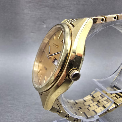 Seiko Solar Watch Men 37mm Champagne Dial Gold Tone Daydate V158-0aa0 Runs QR3