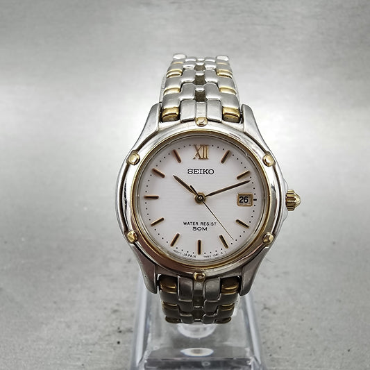 Seiko Watch Women 26mm White Dial Two Tone Date Round 7n820599 New Battery0