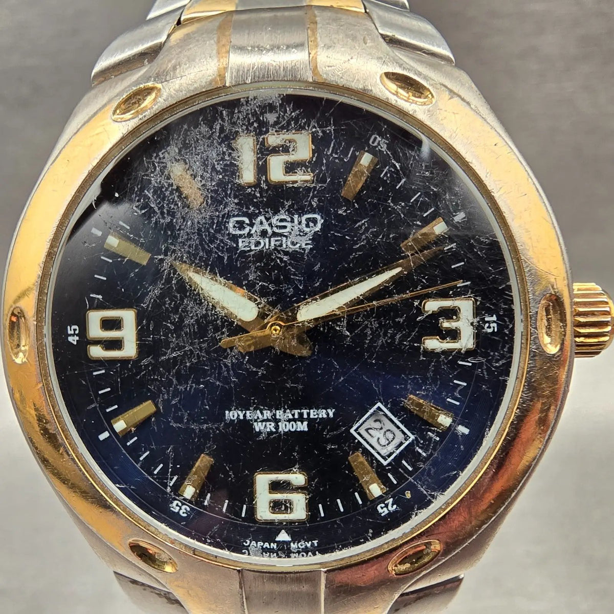 Casio Edifice Watch Men 37mm Blue Dial Two Tone Date Round EF-106 New Battery 121