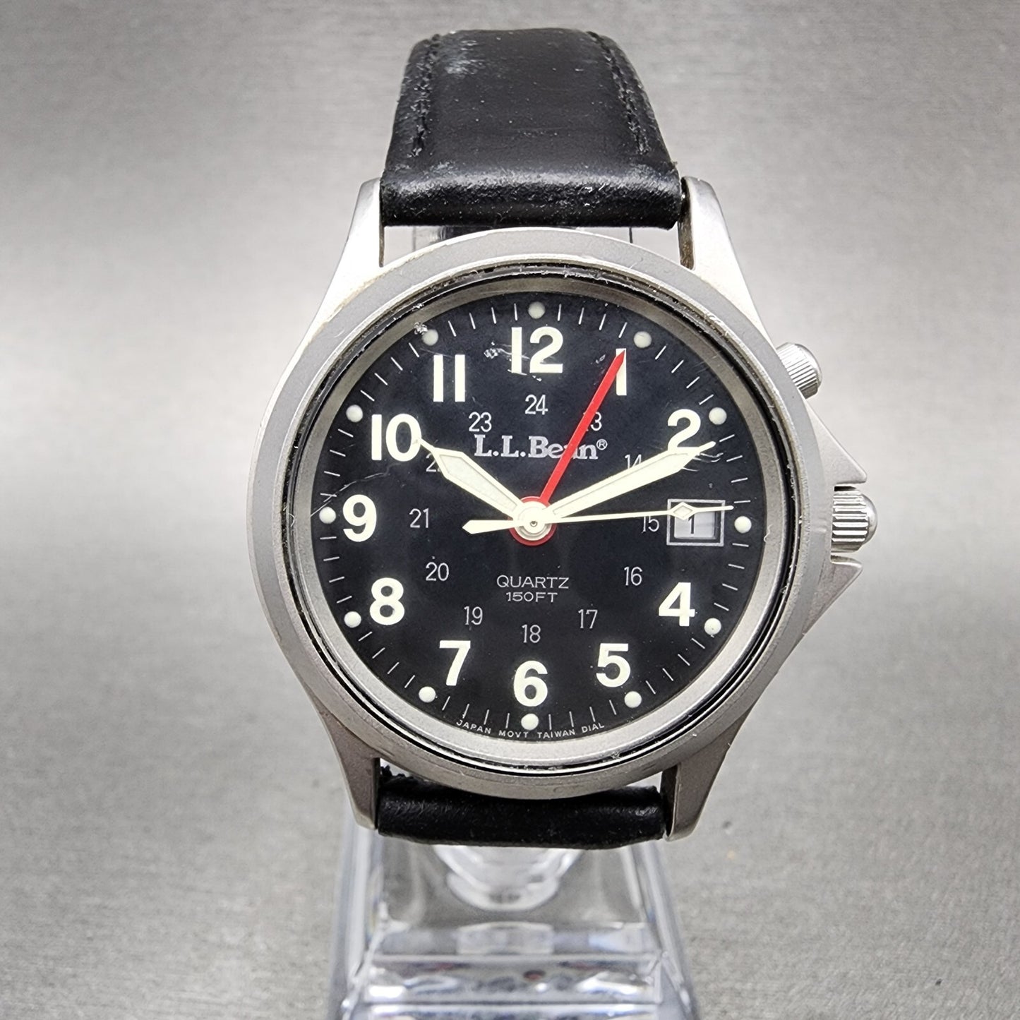 LL Bean Alarm Watch Men 34mm Black Dial Stainless Steel Date Round New Battery