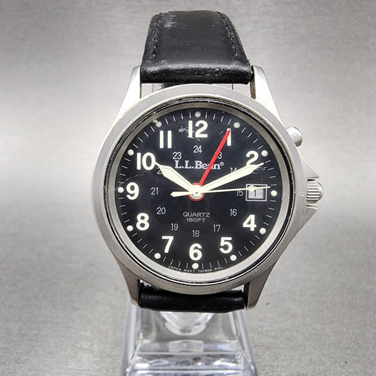 LL Bean Alarm Watch Men 34mm Black Dial Stainless Steel Date Round New Battery