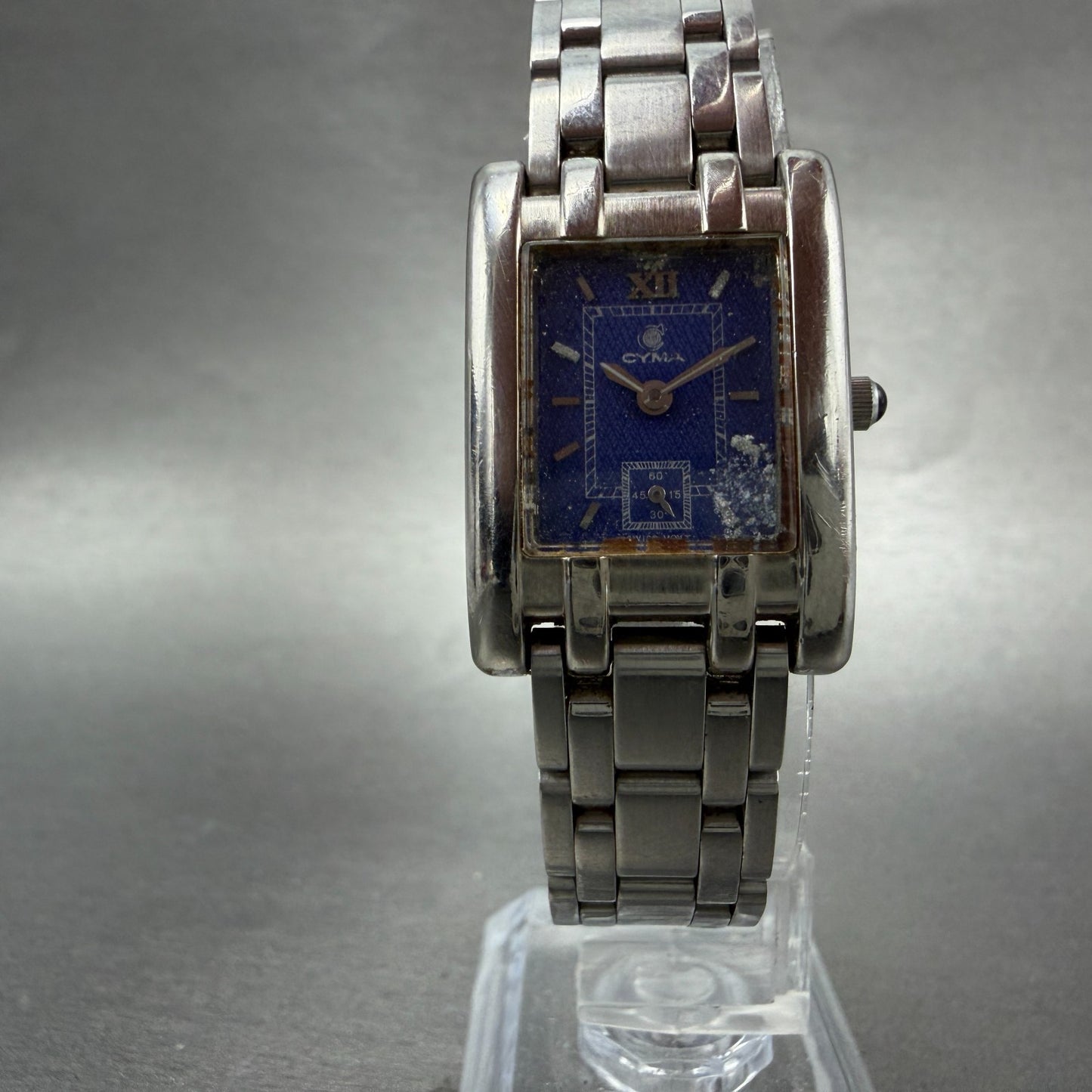 Cyma Tank Watch Women 20mm Blue Dial Silver Tone Rectangle 730 New Battery5