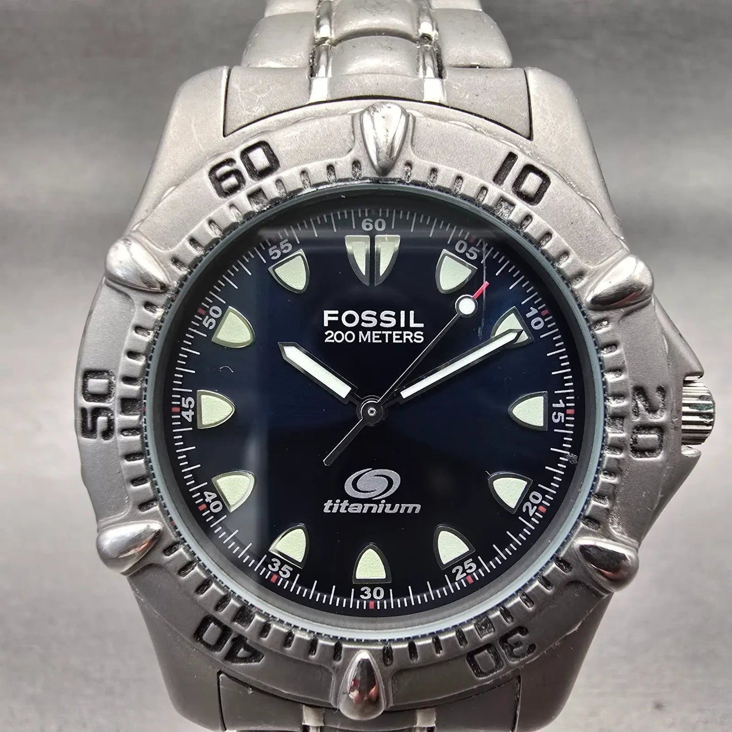 Fossil Dive Watch Men 40mm Blue Dial Gray Tone Titanium Round TI-5013 New Batt1