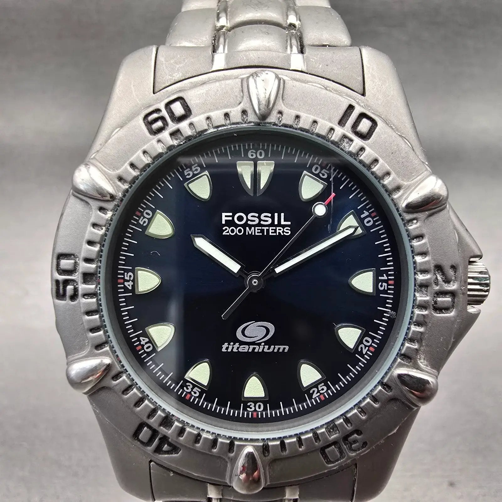 Fossil Dive Watch Men 40mm Blue Dial Gray Tone Titanium Round TI-5013 New Batt1