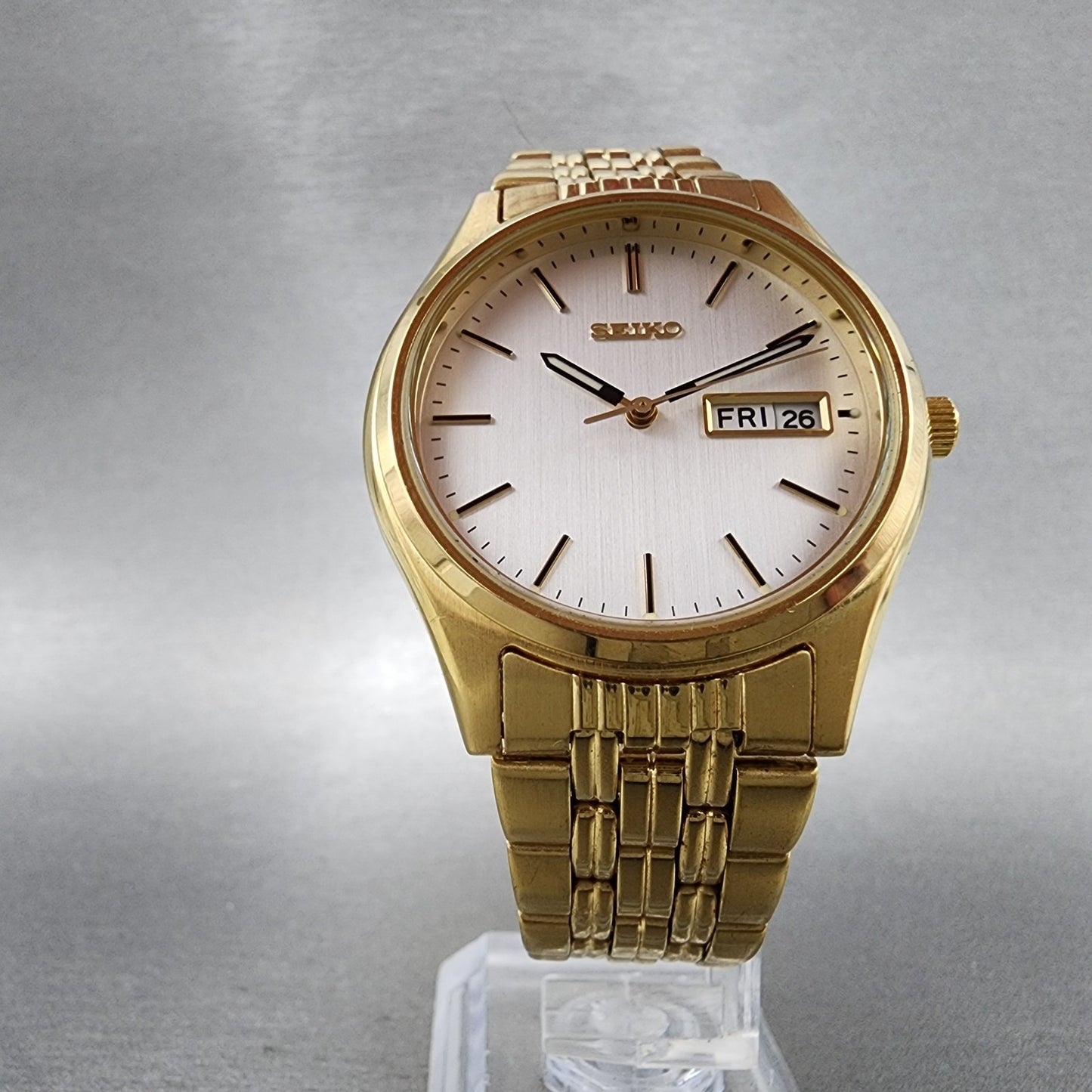 Seiko Watch Men 37mm Silver Dial Gold Tone Daydate Round V7439009 New Battery5