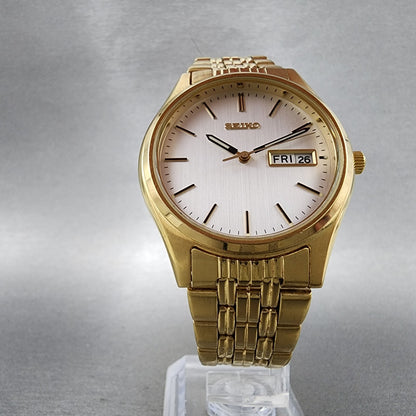 Seiko Watch Men 37mm Silver Dial Gold Tone Daydate Round V7439009 New Battery5