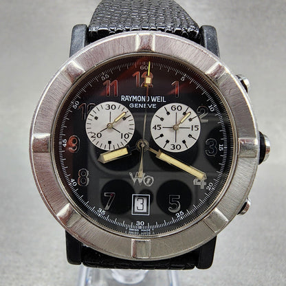 Raymond Weil W1 Chronograph Watch Men 38mm Black Dial Steel Date READ!! New Batt