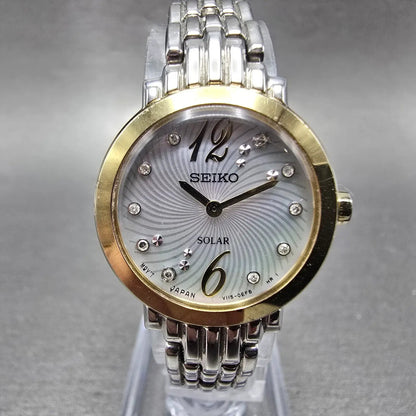 Seiko Solar Watch Women 24mm MOP Dial Two Tone Round V115-0CL0 Runs Crystals0
