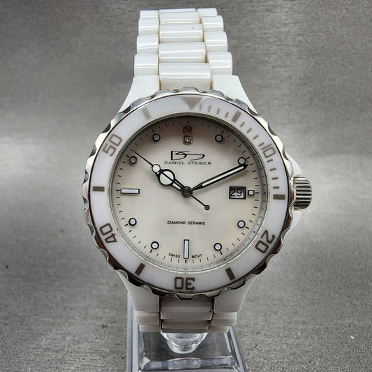 Daniel Steiger Dive Watch Women 38mm MOP Dial White Ceramic Date Round New Batt0