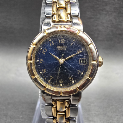 Seiko Watch Women 23mm Blue Dial Two Tone Date Round 7N82-6B79 New Battery JP0