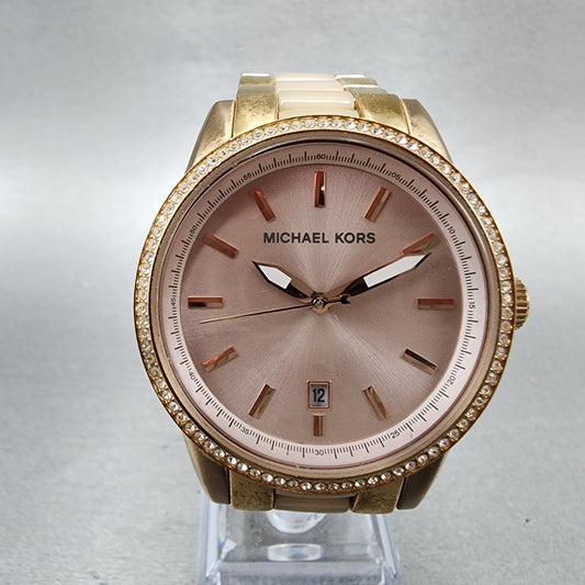 Michael Kors Ritz Watch Women 37mm Rose Dial Rose Gold Tone Date New Battery0