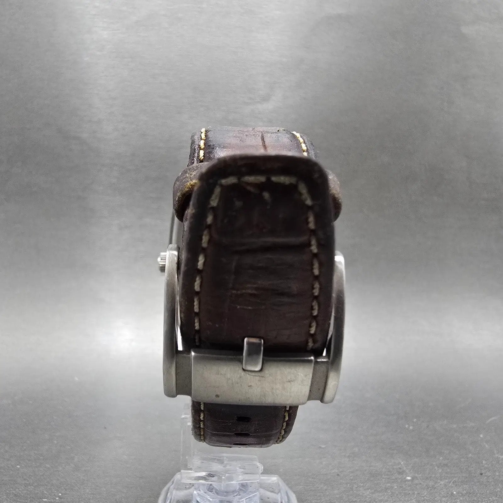 Fossil Tank Watch Men 36mm Brown Dial Silver Tone Date Rectangle FS-4048 New Bat7