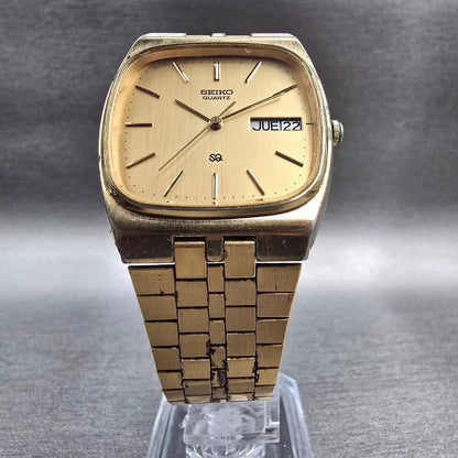 Seiko SQ Watch Men 32mm Gold Dial Gold Tone Daydate 8223-5219 New Battery VTG5