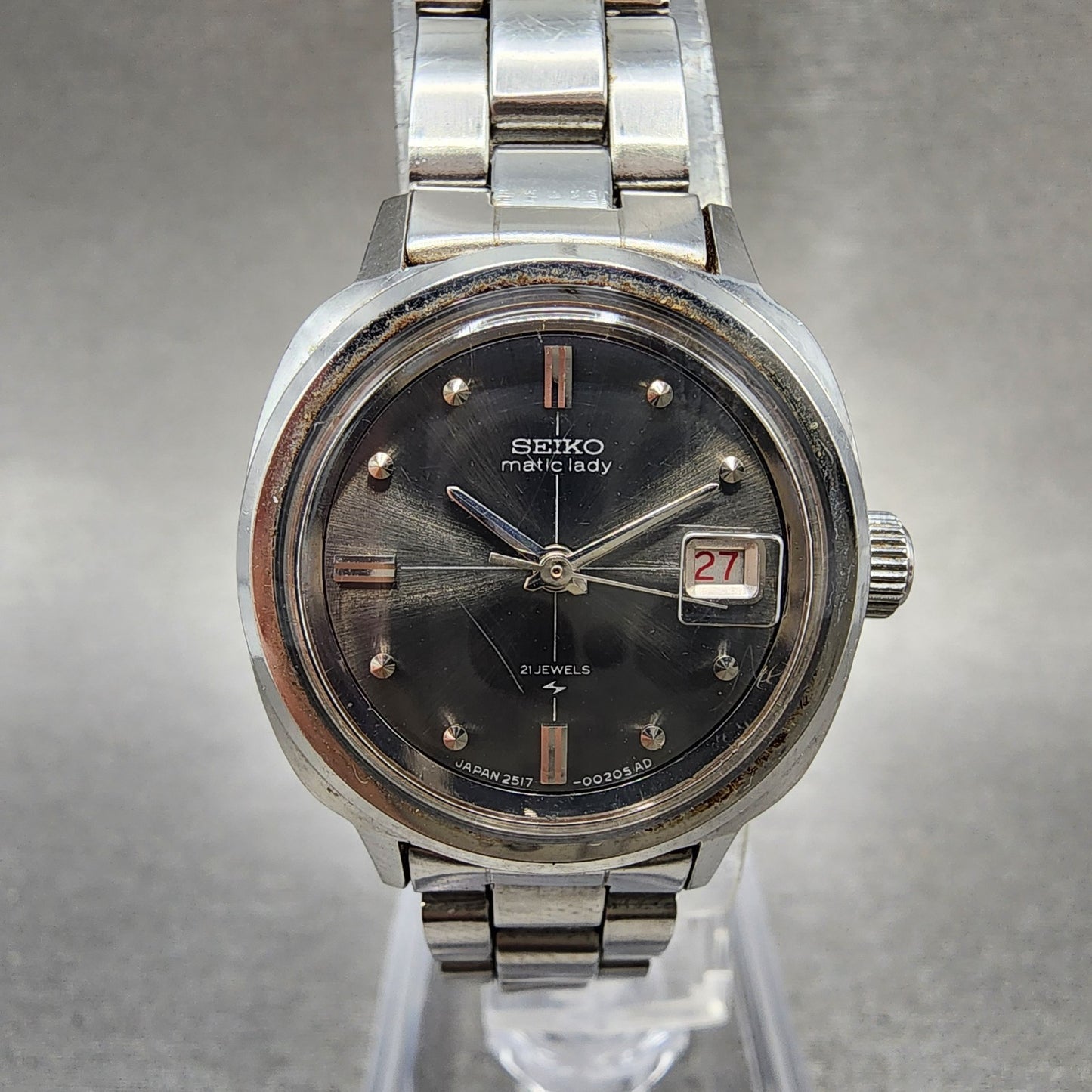 Seiko Seikomatic Lady Watch Women 24mm Black Dial Silver Tone Date 25173201 Runs0