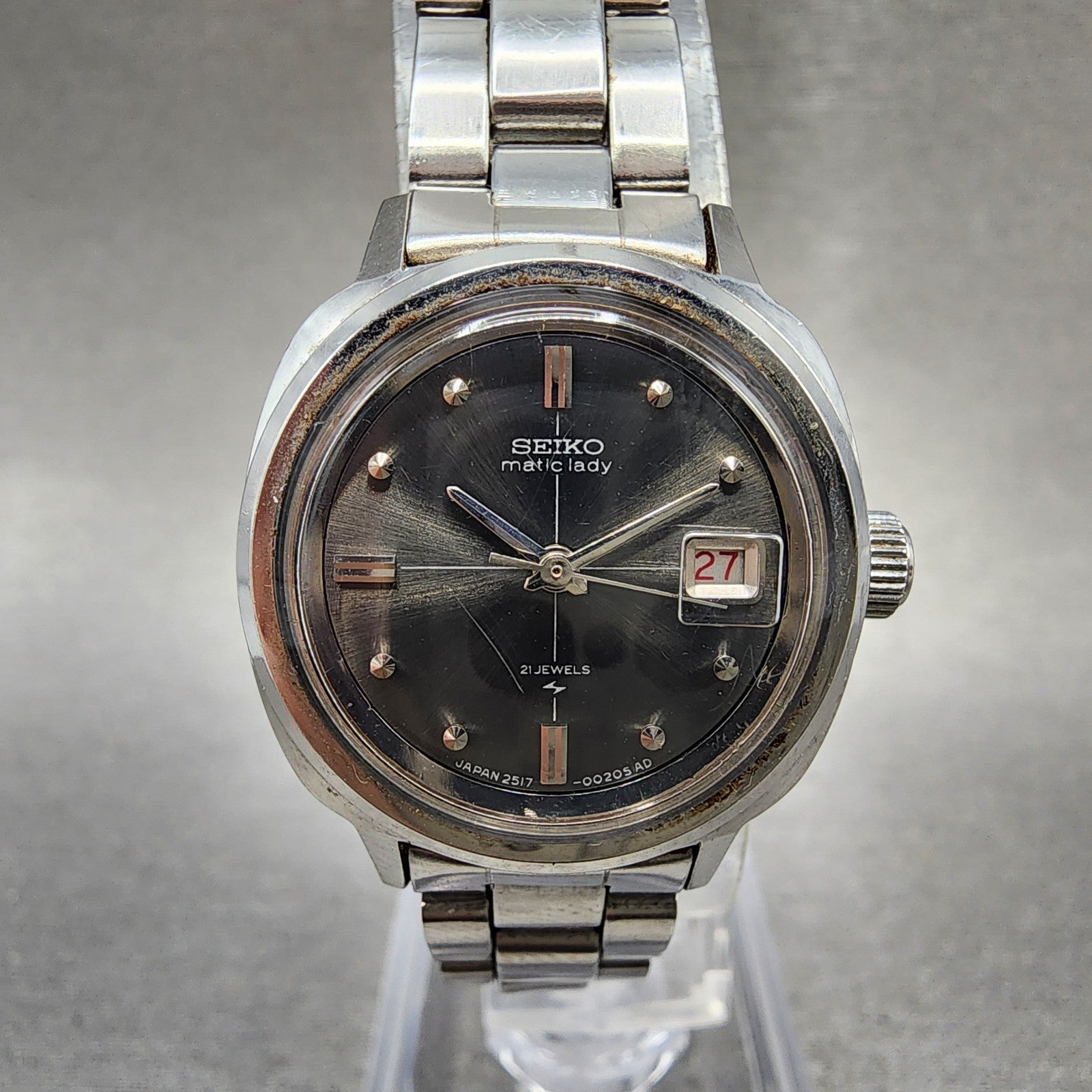 Seiko Seikomatic Lady Watch Women 24mm Black Dial Silver Tone Date 25173201 Runs0