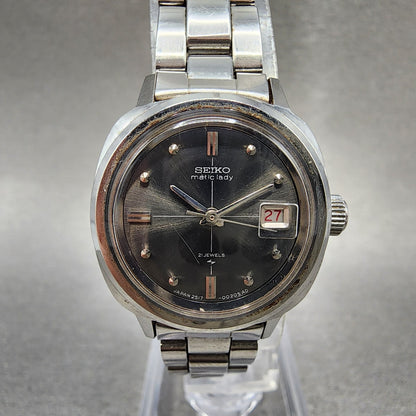 Seiko Seikomatic Lady Watch Women 24mm Black Dial Silver Tone Date 25173201 Runs0