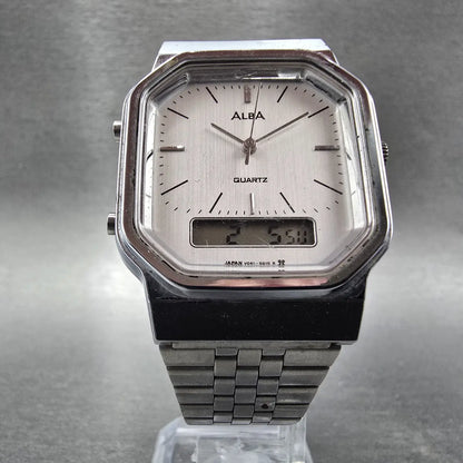 Seiko Alba Analog Digital Watch Men 32mm White Dial Silver Alarm Chrono READ!!!!5