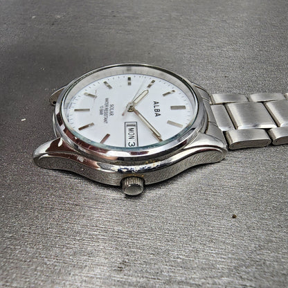 Seiko ALBA Solar Watch Men 36mm White Dial Silver Tone Daydate V158A PARTS4