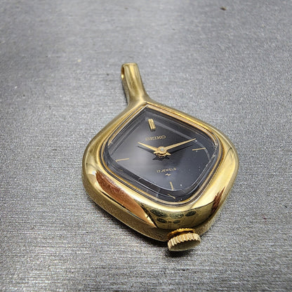 Seiko Pendant Watch Women 25mm Black Dial Gold Plated 117980 Manual Wind Runs6