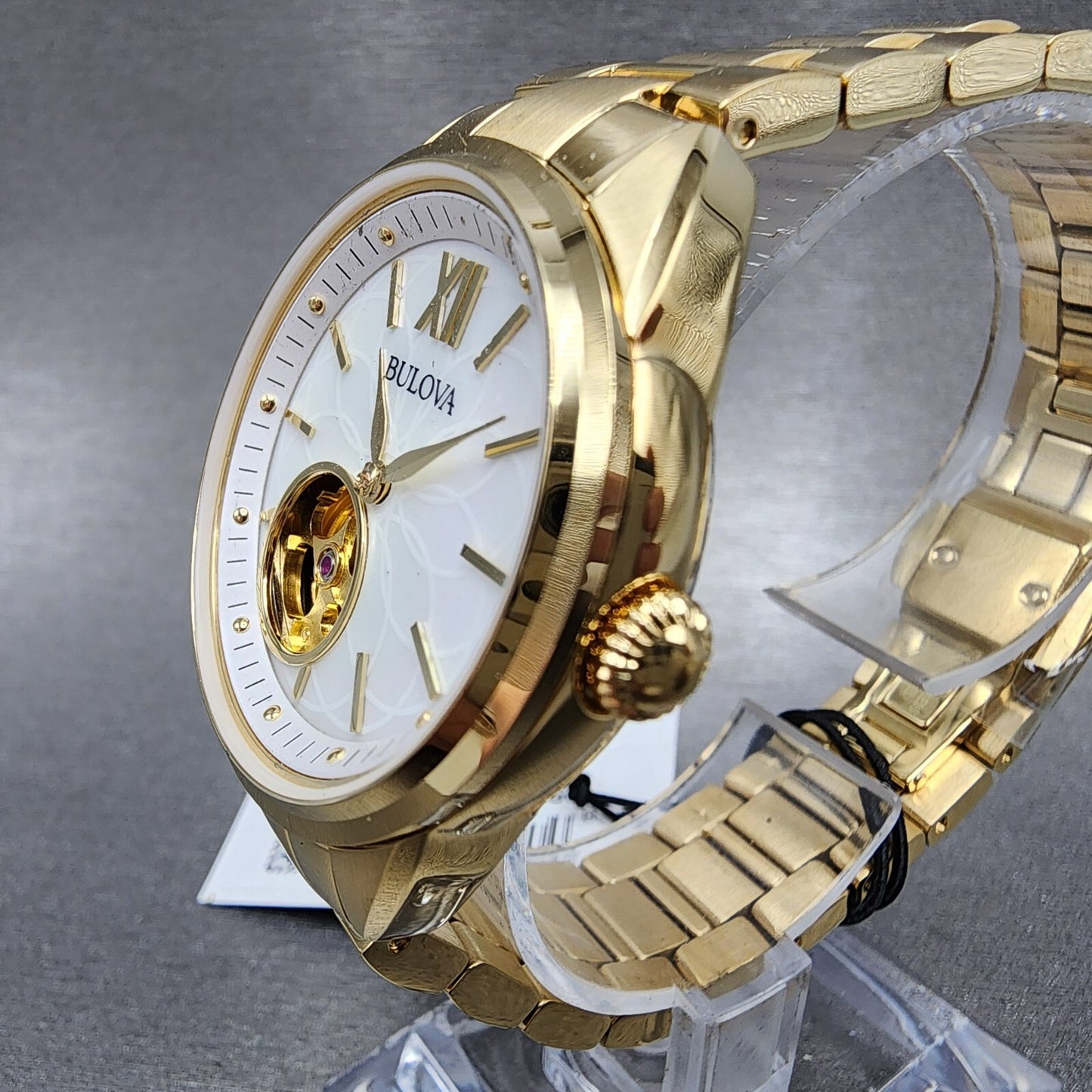 Bulova Skeleton Watch Women 34mm White Dial Gold Tone Auto 97L172 PARTS READ!!!!3