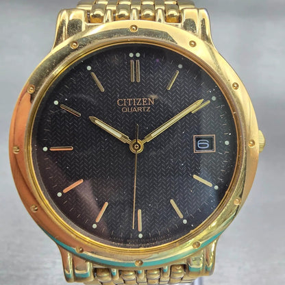 Citizen Watch Men 34mm Black Dial Gold Tone Date Round 5510-R10168 New Battery1