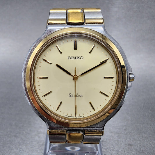 Seiko Dolce Watch Men 35mm Cream Dial Two Tone Round 8N41-7020 New Battery