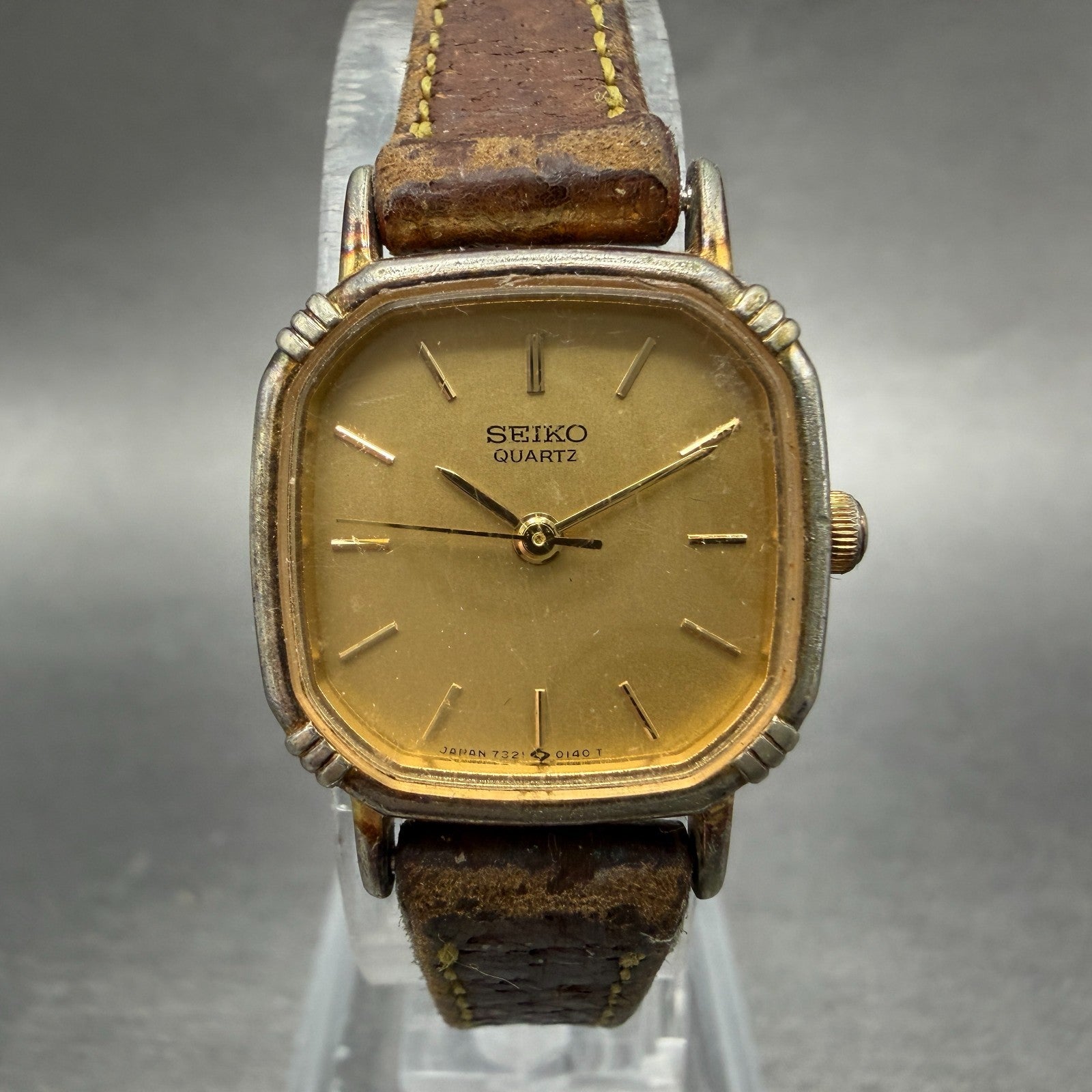 Seiko Watch Women 20mm Champagne Dial Gold Tone Square 7321-5070 New Battery GH60