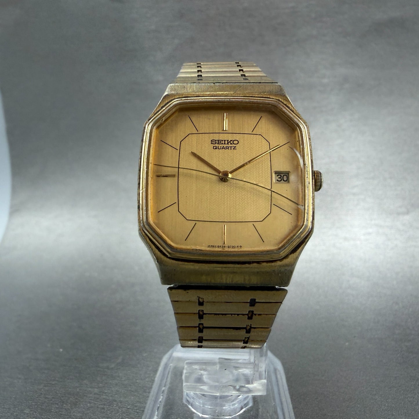 Seiko Watch Men 29mm Champagne Dial Gold Tone Date Octagon 6439-5039 New Batt 765