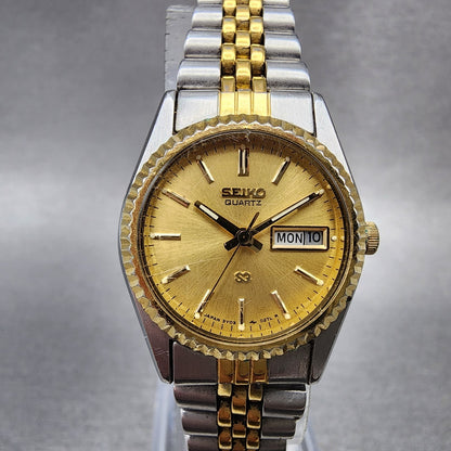 Seiko SQ Watch Women 24mm Gold Dial Two Tone Daydate 24mm Round New Battery J1230