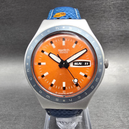 Swatch Orangin' Zest Watch Men 37mm Orange Dial Daydate YGS7002 New Battery0