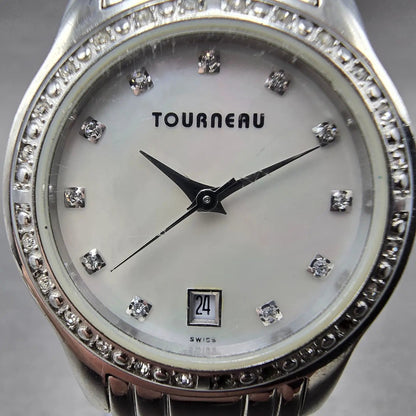 Tourneau Watch Women 28mm MOP Dial Silver Tone Date Round New Battery Honda1