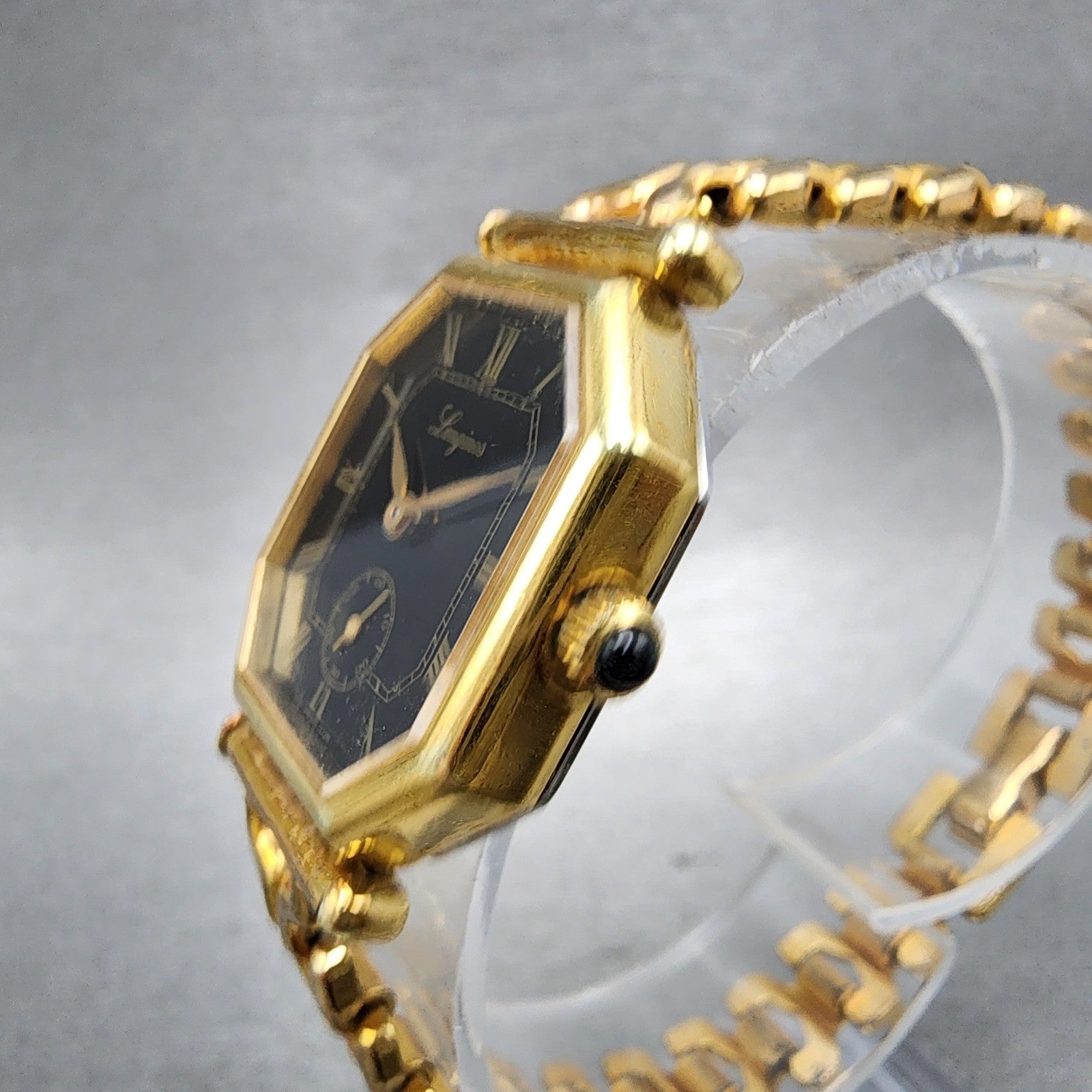 Longines Watch Women 24mm Black Dial Gold Plated Manual Wind Runs Octagon VTG2