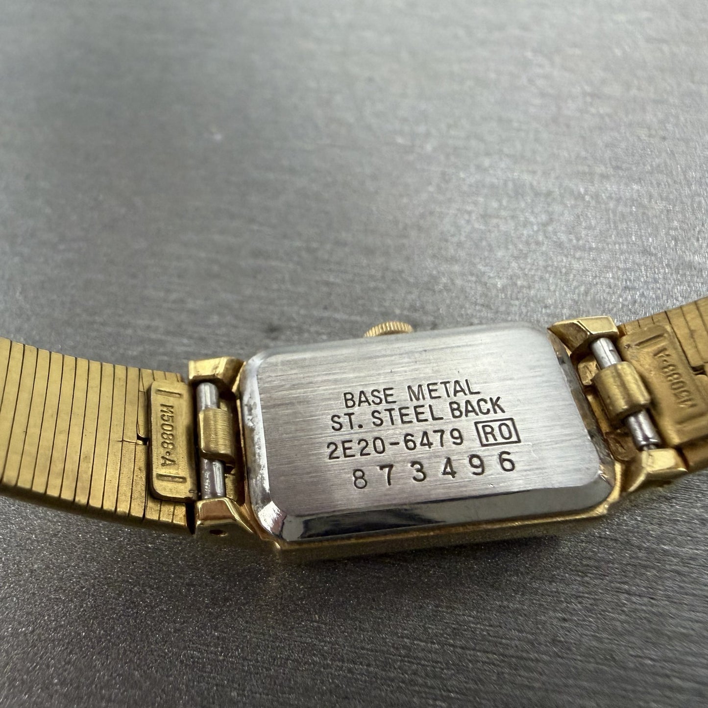 Seiko Tank Watch Women 12mm Black Dial Gold Tone 2E20-6479 New Battery VTG ABC9