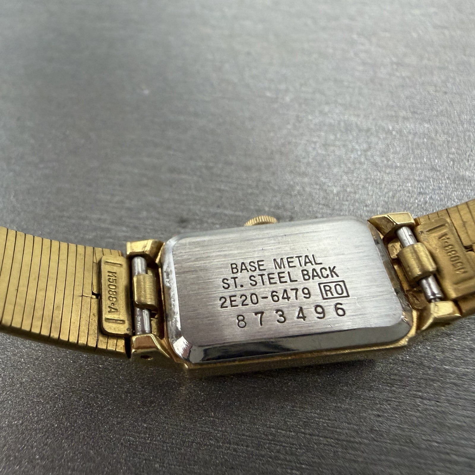 Seiko Tank Watch Women 12mm Black Dial Gold Tone 2E20-6479 New Battery VTG ABC9