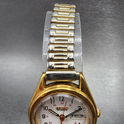 Seiko SQ Watch Women 24mm White Dial Gold Tone Daydate Round 7N836A09 NewBat B14